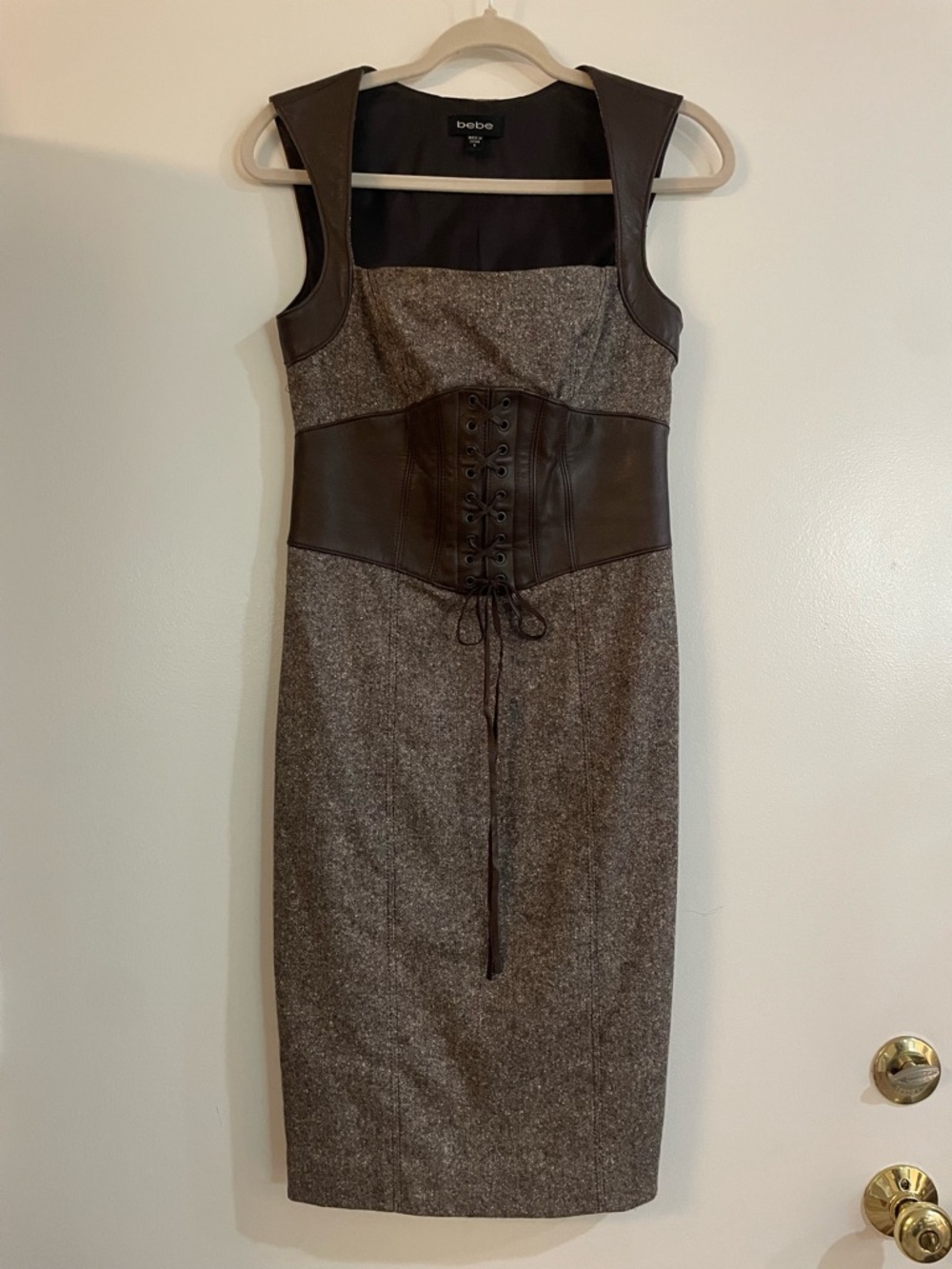 bebe Brown Tweed Dress with Leather Corset Waist